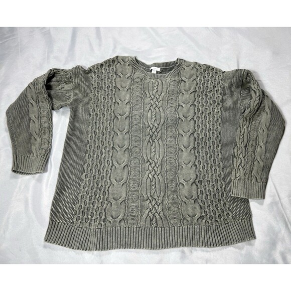 J Jill Olive Green Mineral Wash Thick Cable Knit Chunky Cotton Sweater L Tall - Picture 1 of 12